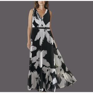 Chicos Black White Womens Floral Maxi Dress Sleeveless Pleated Ruffle Lined L